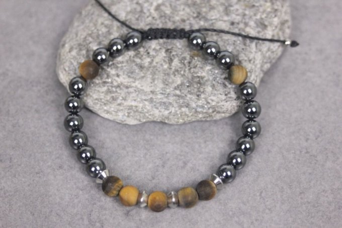 Bracelet perles hématite, oeil de tigre mat et acier inoxydable
