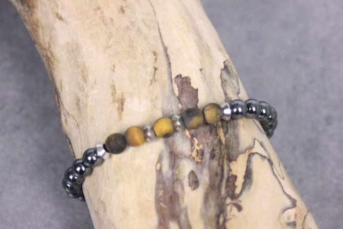 Bracelet perles hématite, oeil de tigre mat et acier inoxydable