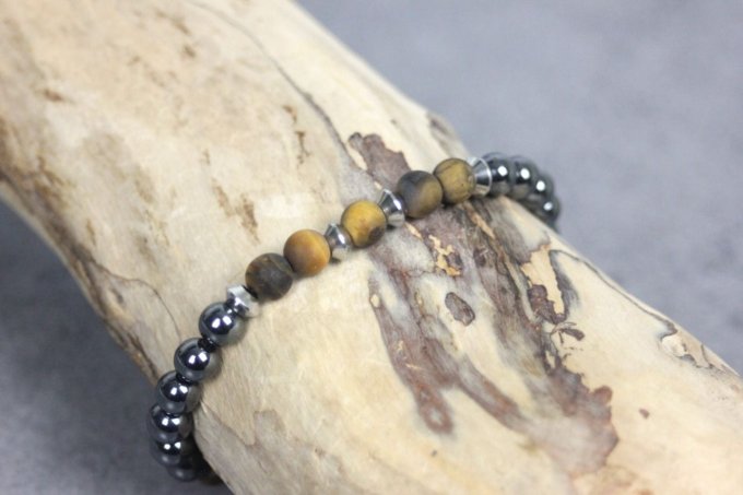 Bracelet perles hématite, oeil de tigre mat et acier inoxydable