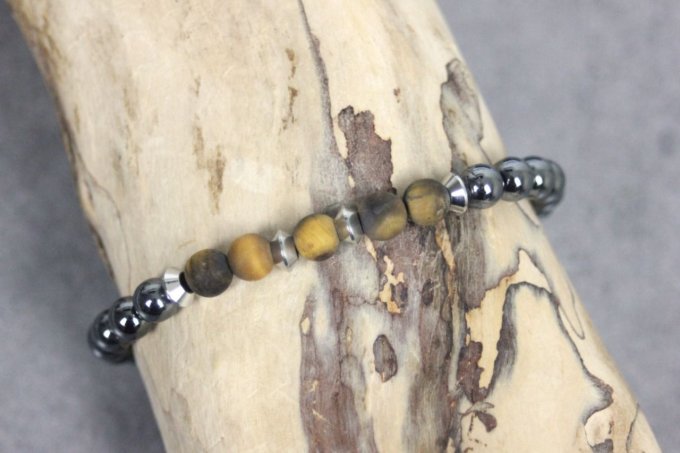 Bracelet perles hématite, oeil de tigre mat et acier inoxydable