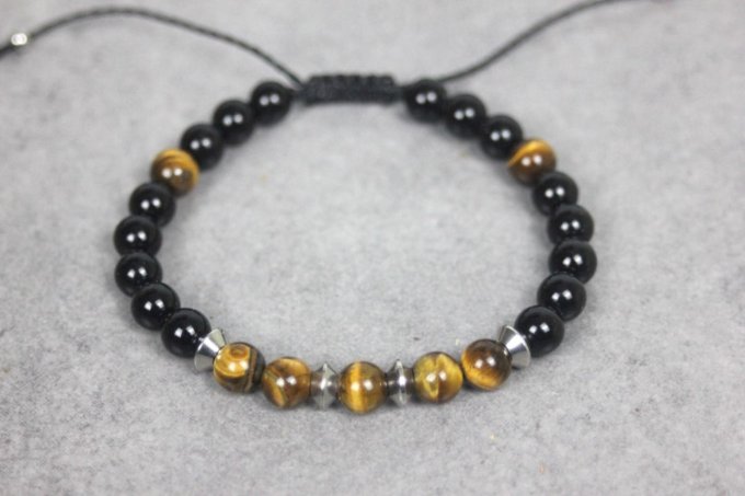 Bracelet perles onyx, oeil de tigre et acier inoxydable