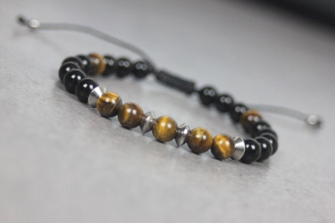 Bracelet perles onyx, oeil de tigre et acier inoxydable