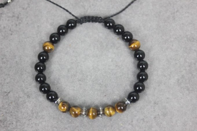 Bracelet perles onyx, oeil de tigre et acier inoxydable