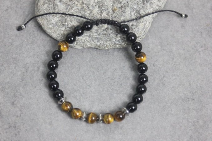 Bracelet perles onyx, oeil de tigre et acier inoxydable