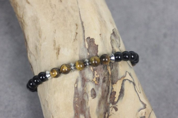 Bracelet perles onyx, oeil de tigre et acier inoxydable