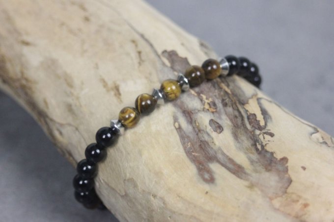 Bracelet perles onyx, oeil de tigre et acier inoxydable