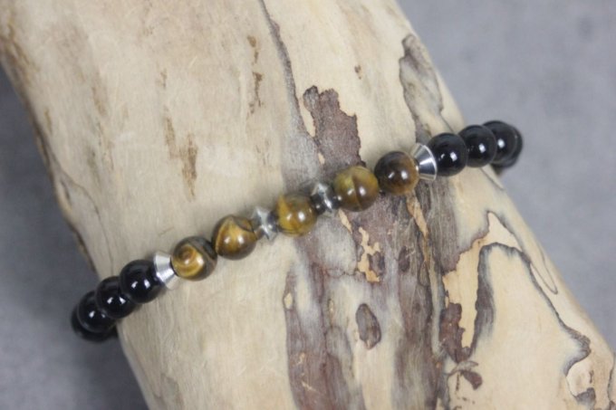Bracelet perles onyx, oeil de tigre et acier inoxydable