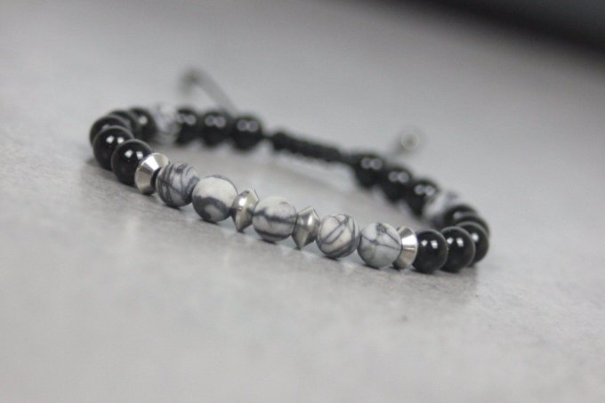 Bracelet perles onyx, jaspe picasso mat et acier inoxydable