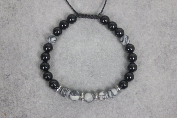 Bracelet perles onyx, jaspe picasso mat et acier inoxydable
