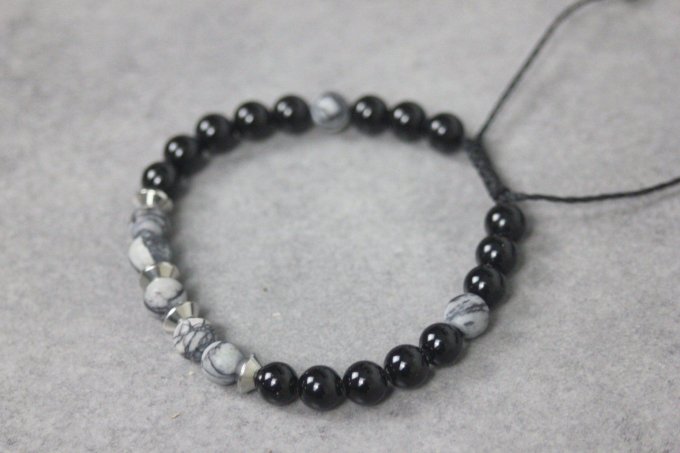 Bracelet perles onyx, jaspe picasso mat et acier inoxydable