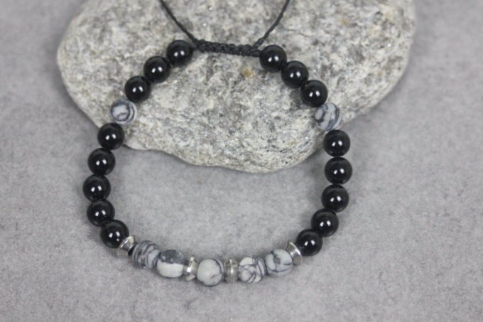 Bracelet perles onyx, jaspe picasso mat et acier inoxydable