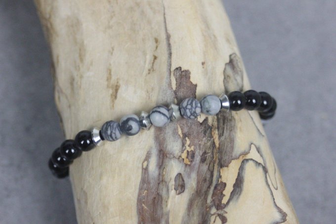 Bracelet perles onyx, jaspe picasso mat et acier inoxydable