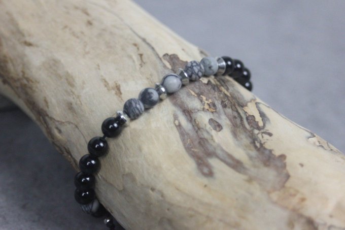Bracelet perles onyx, jaspe picasso mat et acier inoxydable
