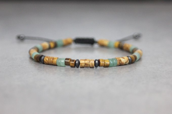 Bracelet perles heishi en wood stone, jade, oeil de tigre et hématite mat