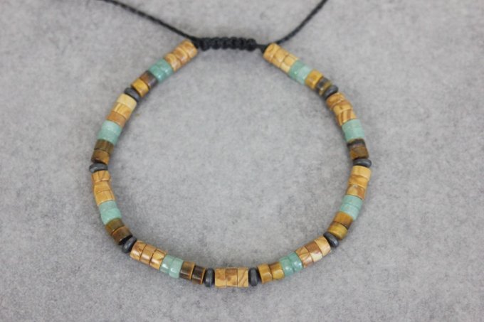Bracelet perles heishi en wood stone, jade, oeil de tigre et hématite mat