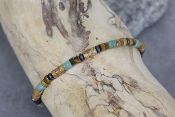 Bracelet perles heishi en wood stone, jade, oeil de tigre et hématite mat