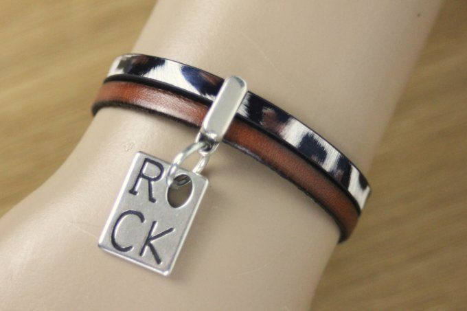 Bracelet en cuir marron et cuir léopard avec breloque Rock