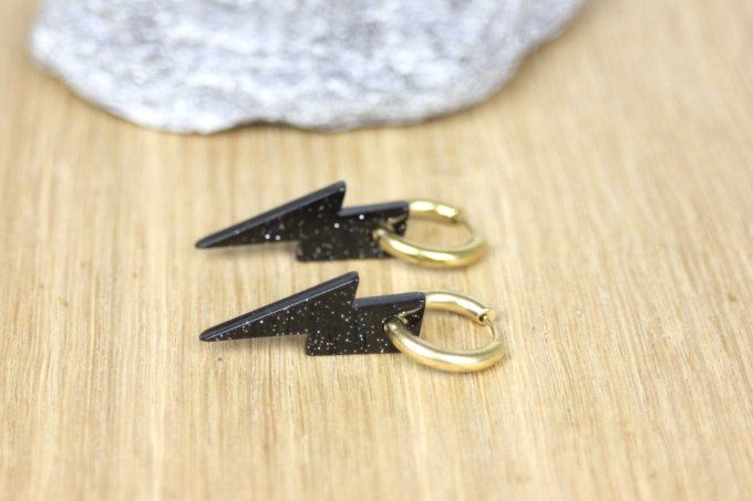 Créoles en acier inoxydable doré et breloque éclairs noir paillété