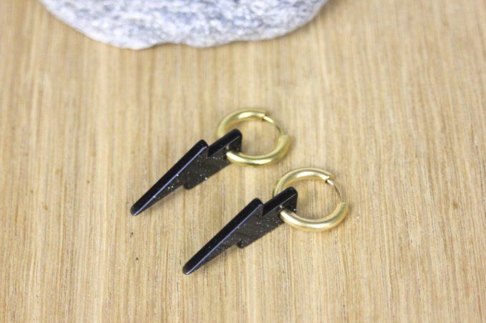 Créoles en acier inoxydable doré et breloque éclairs noir paillété