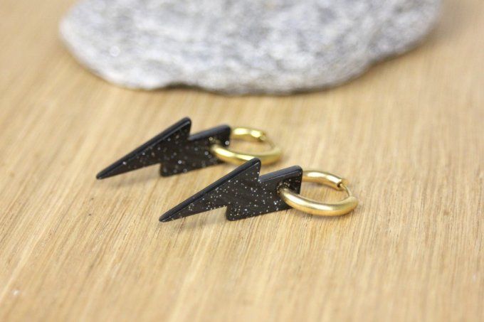 Créoles en acier inoxydable doré et breloque éclairs noir paillété