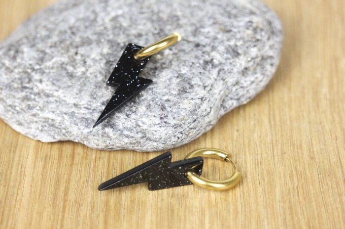 Créoles en acier inoxydable doré et breloque éclairs noir paillété