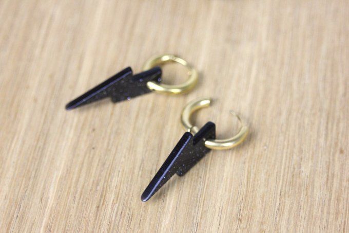 Créoles en acier inoxydable doré et breloque éclairs noir paillété