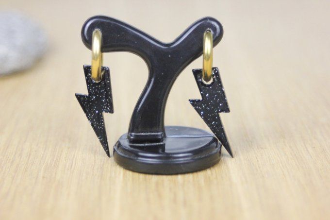 Créoles en acier inoxydable doré et breloque éclairs noir paillété