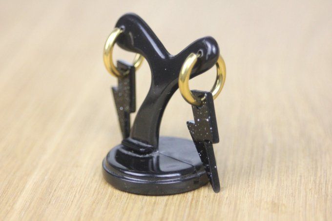 Créoles en acier inoxydable doré et breloque éclairs noir paillété