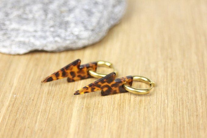 Créoles en acier inoxydable doré et breloque éclairs marron léopard