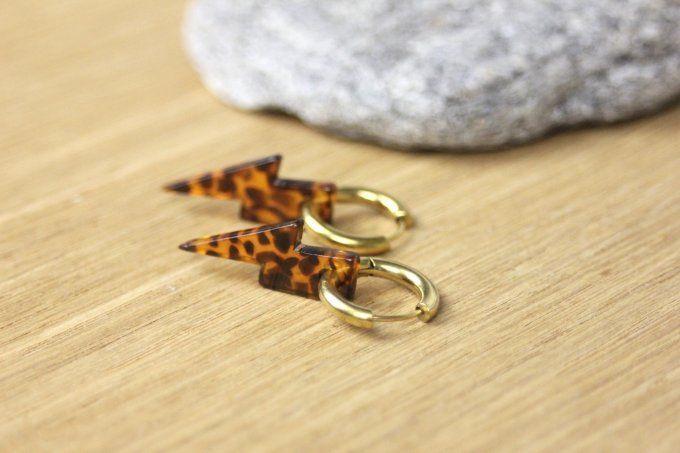 Créoles en acier inoxydable doré et breloque éclairs marron léopard