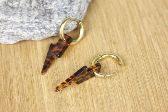 Créoles en acier inoxydable doré et breloque éclairs marron léopard