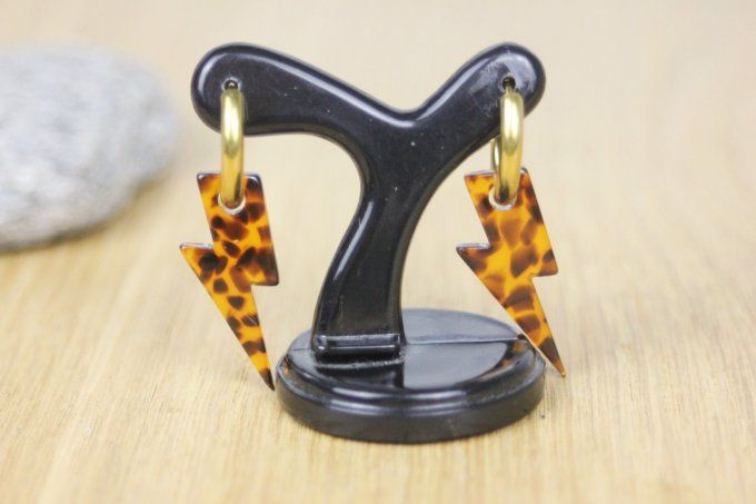 Créoles en acier inoxydable doré et breloque éclairs marron léopard