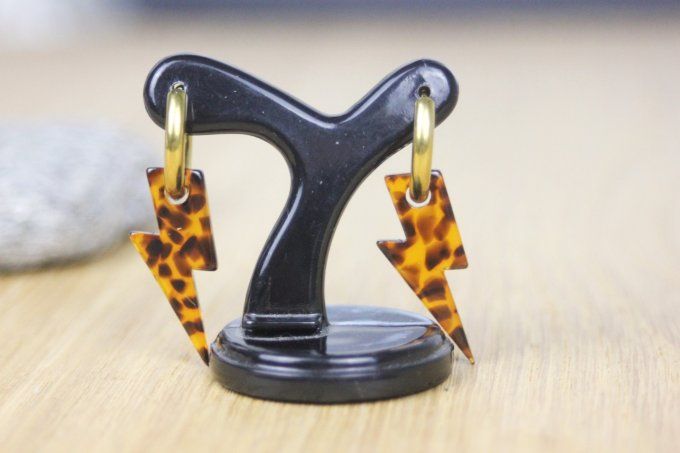 Créoles en acier inoxydable doré et breloque éclairs marron léopard