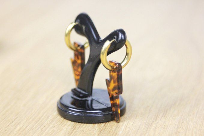 Créoles en acier inoxydable doré et breloque éclairs marron léopard