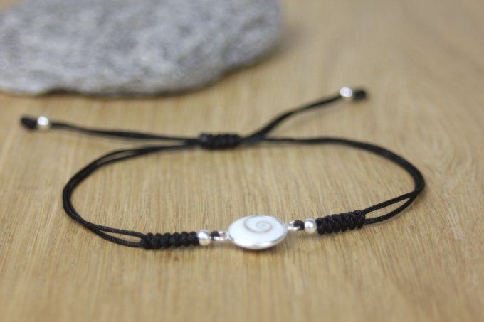 Bracelet cordon noir breloque oeil de shiva et argent massif