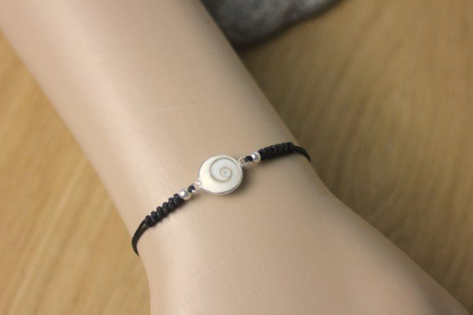 Bracelet cordon noir breloque oeil de shiva et argent massif