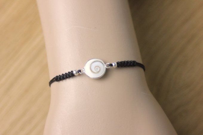 Bracelet cordon noir breloque oeil de shiva et argent massif