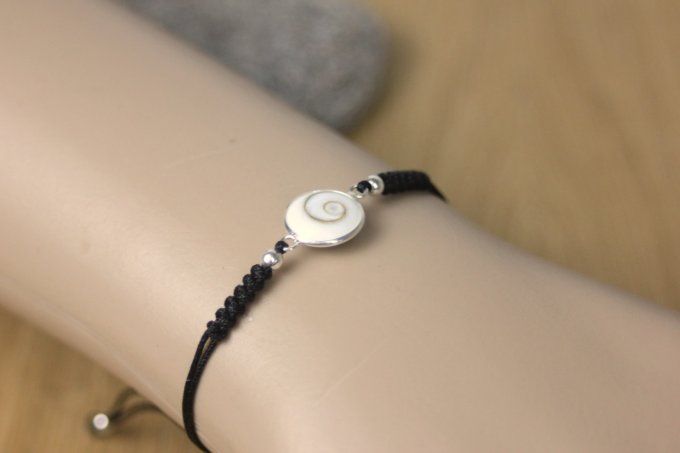 Bracelet cordon noir breloque oeil de shiva et argent massif