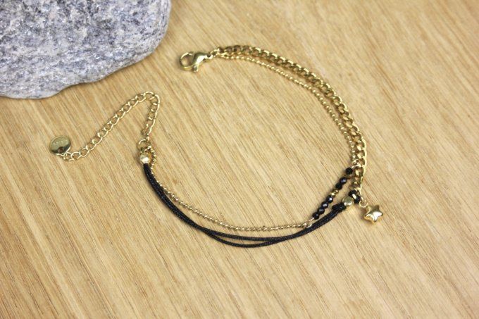 Bracelet multirangs en acier inoxydable doré perles et cordon noir