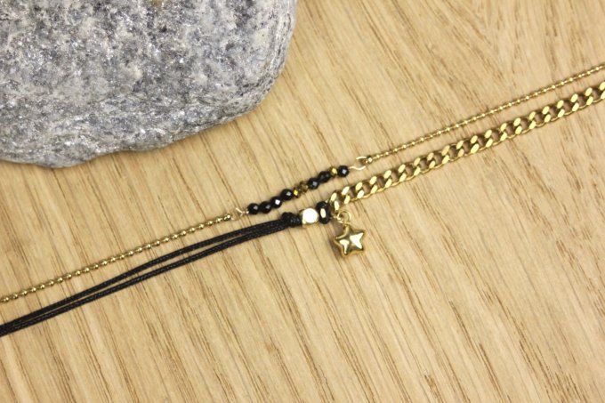 Bracelet multirangs en acier inoxydable doré perles et cordon noir