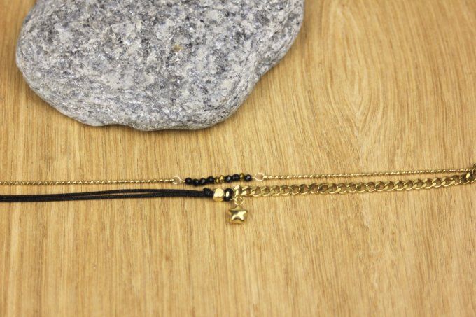 Bracelet multirangs en acier inoxydable doré perles et cordon noir