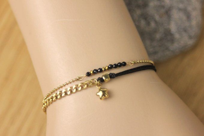 Bracelet multirangs en acier inoxydable doré perles et cordon noir