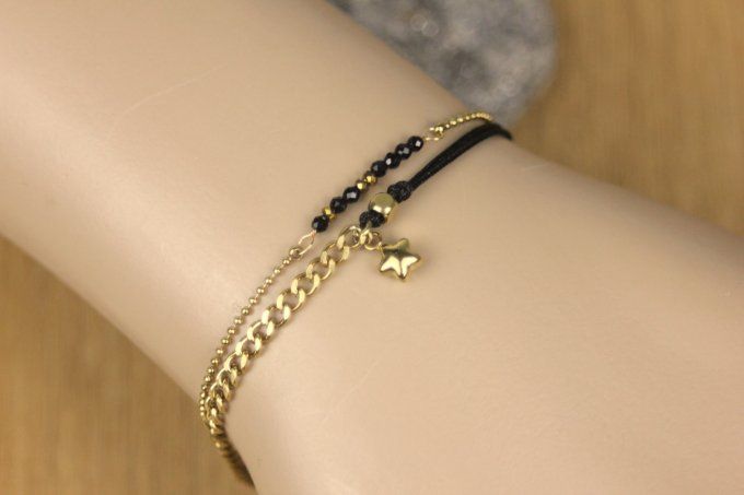 Bracelet multirangs en acier inoxydable doré perles et cordon noir