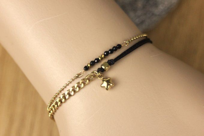Bracelet multirangs en acier inoxydable doré perles et cordon noir