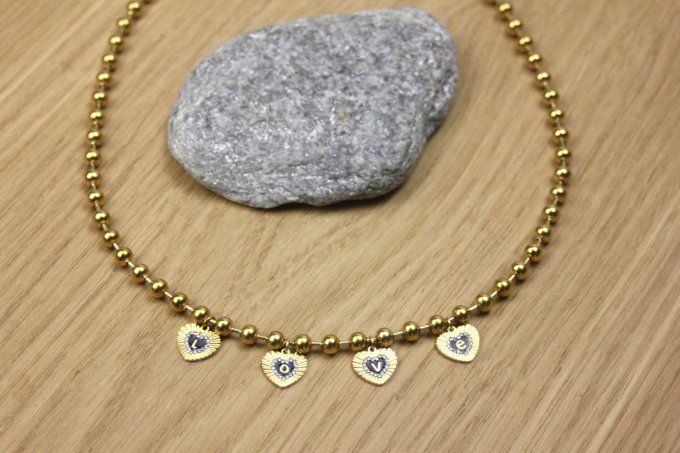 Collier en acier inoxydable chaine boules et breloques coeurs LOVE