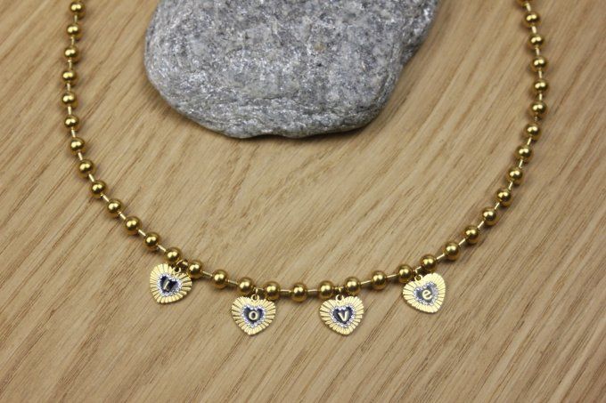 Collier en acier inoxydable chaine boules et breloques coeurs LOVE