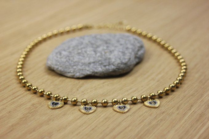 Collier en acier inoxydable chaine boules et breloques coeurs LOVE