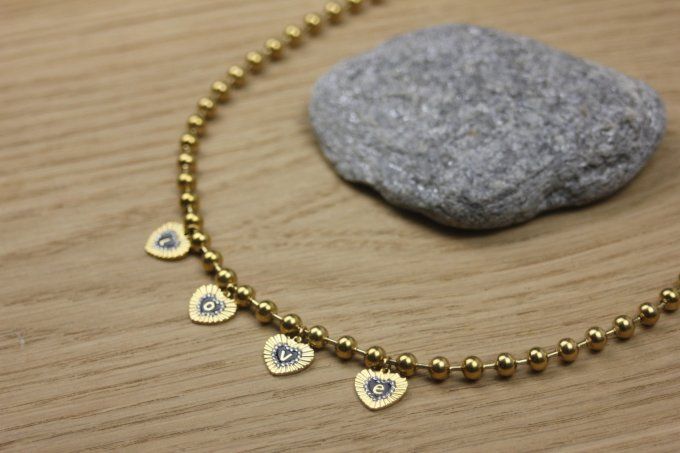 Collier en acier inoxydable chaine boules et breloques coeurs LOVE