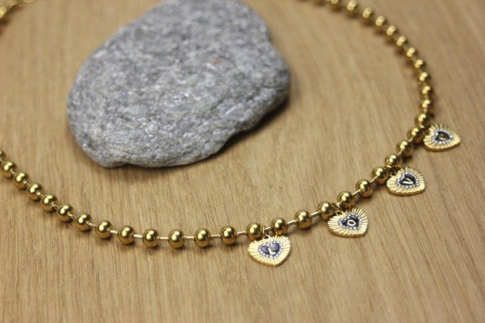 Collier en acier inoxydable chaine boules et breloques coeurs LOVE