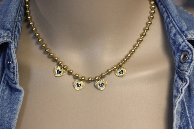 Collier en acier inoxydable chaine boules et breloques coeurs LOVE